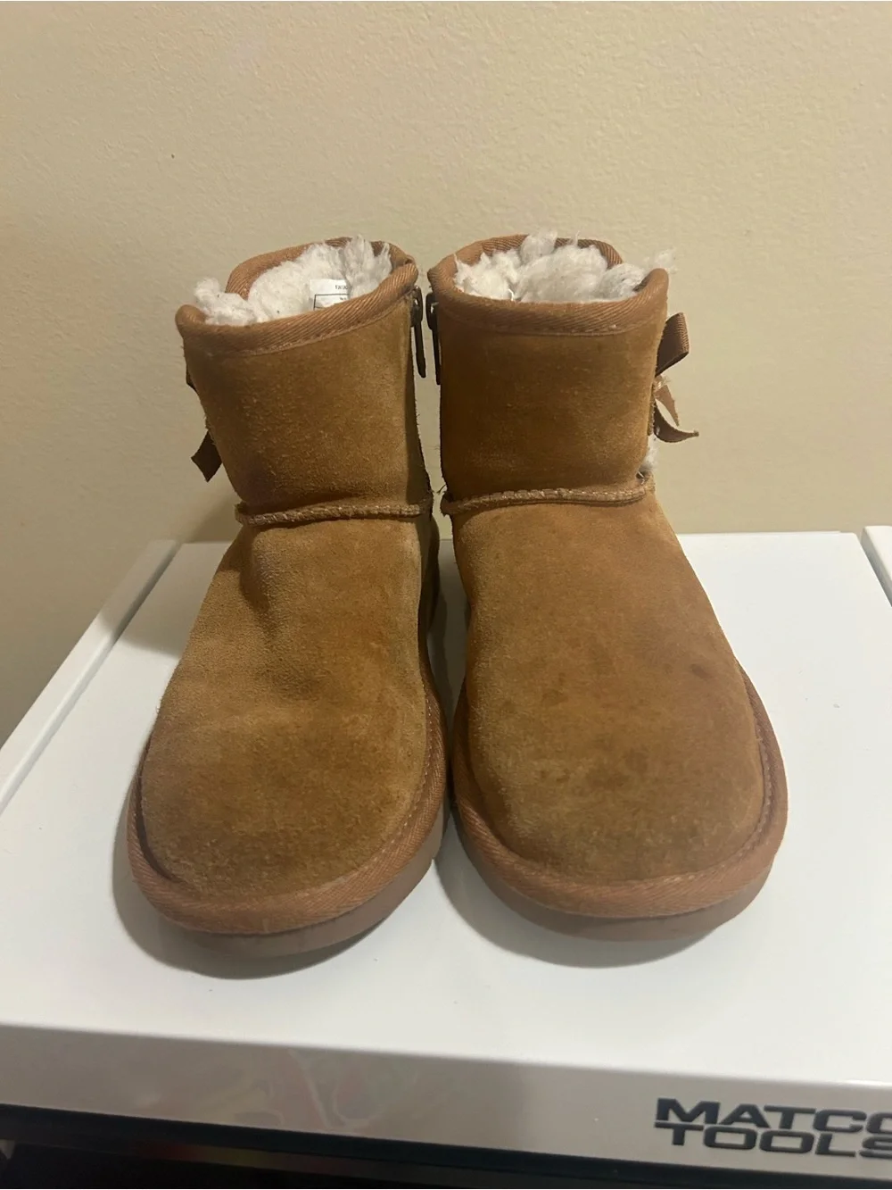 Koolaburra Chestnut Suede Kids Boots with Bow and Sherpa Trim